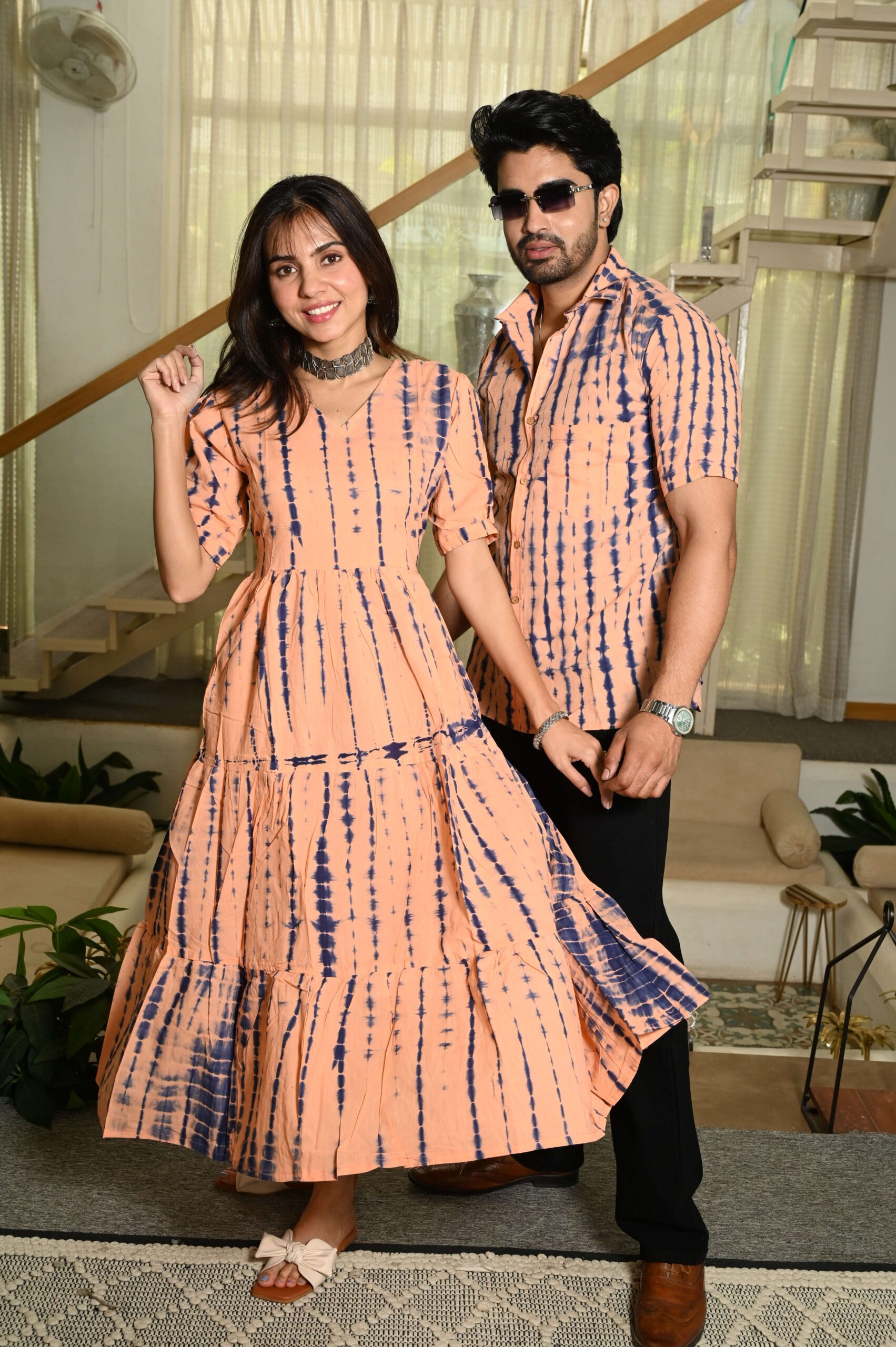 Couple Matching Peach Printed Cotton Anarkali Midi Dress & Shirt Set ? Summer Casual Wear - Image 4